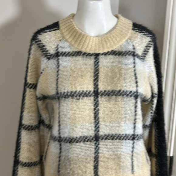 Anthropologie Moth Sweater Tan Black Window Pane Plaid Crewneck Sz S - Picture 5 of 13